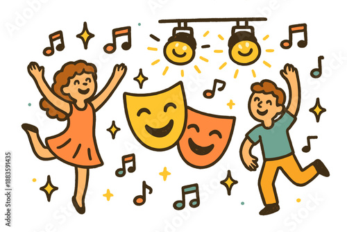 Joyful Performing Arts Scene. Cheerful doodle performing arts preservation with happy dancers, cartoon theater masks smiling,