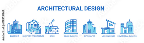 Architectural Design web banner icon vector illustration concept for building planning with icons of blueprint, brick, glass building, skyscraper, modern house, commercial building.