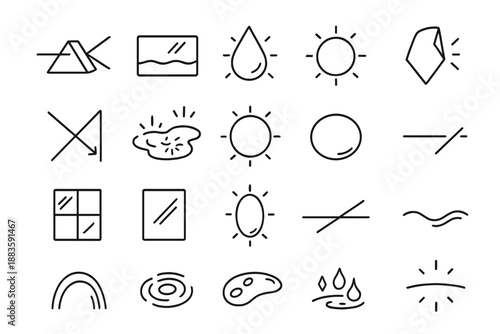 Light and Reflection Icons. Line style icons of Light and Reflection: prism beam, mirrored surface, glowing drop, glass shard,