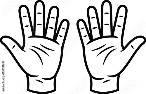 Simple line art drawing depicting a pair of open human hands with fingers splayed, isolated on white background