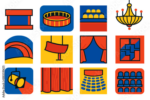 Concert Hall Icons. Flat vector icons of concert hall design: stage platform, orchestra pit, balcony seating, grand chandelier,