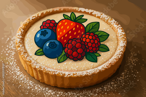 Fruit Tart Bliss. Delicious fruit tart garnished with vibrant vector illustration berries and powdered sugar, soft natural