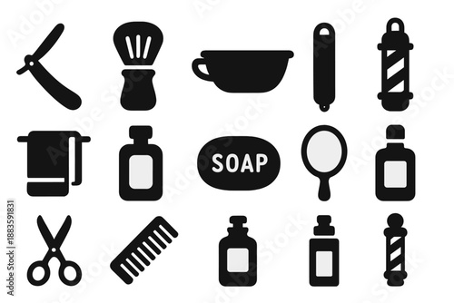 Vintage Barber Essentials. Solid style icons of Vintage Hygiene: Straight Razor, Shaving Brush, Barber Basin, Strop, Towel,