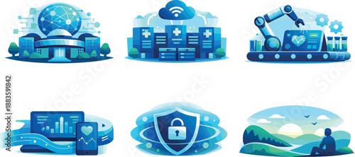Future Healthcare Ecosystem. End-to-end healthcare innovation ecosystem illustration showcasing future-ready medicine, six