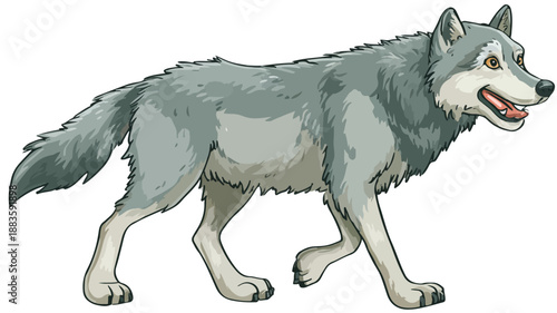 Playful Wolf Cartoon Illustration Vector with Outline on White Background