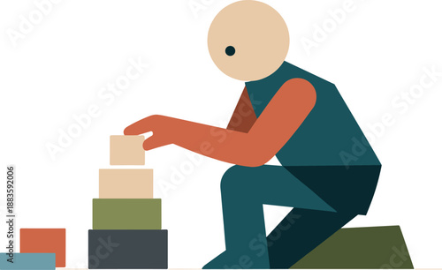 Image Generation. Single abstract geometric human figure arranges remaining minimal blocks into clear alignment revealing effort