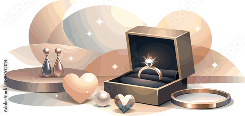 Elegant Jewelry Design. Abstract romantic jewelry presentation suggested through glowing shapes and elegant box geometry, modern