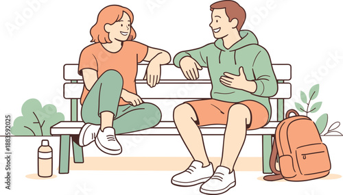 Friendly Park Conversation. Two friends resting and talking while seated on a park bench, clean flat line illustration showing