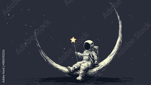 Young Astronaut Sitting on Crescent Moon Holding Stars - Exploration Adventure Concept