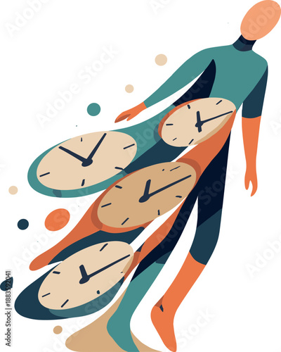 Temporal Distortion Art. Abstract geometric human figure appears partially elongated as clock shapes dissolve and overlap body