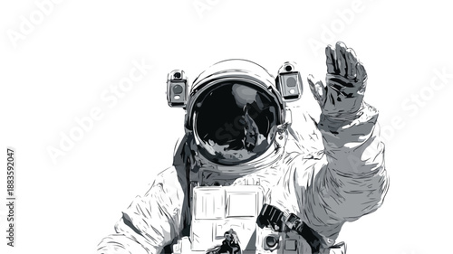 Young Astronaut Waving on White Vector Outline Isolated