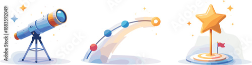 Modern Foresight Flow. Long-range planning concept expressed as modern foresight flow, three symbolic icons arranged horizontally