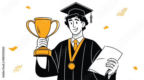 Young Boy Graduates with Winning Gold Cup Vector