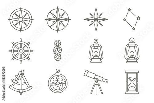 Antique Navigation Icons. Line style icons of antique navigation: compass rose, wind rose, lodestar, constellation; ship wheel,