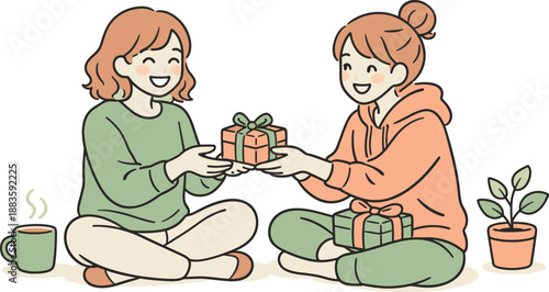 Friends Exchanging Gifts. Close friends sharing small gifts in a calm moment, seated comfortably with gentle gestures and cheerful