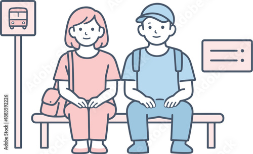 Waiting for Transit. Two friends sit side by side waiting quietly for a bus or tram Minimalist flat line vector illustration,