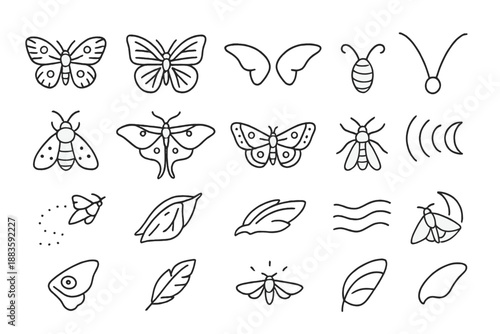 Nocturnal Insect Icons. Line style icons of homes and shelters: house, cottage, cabin, door, window, roof, chimney, fence, tree,