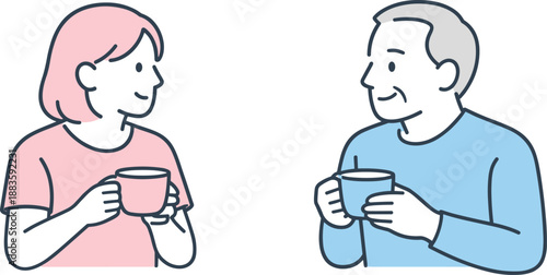 Family Tea Time. Two family members hold tea cups while enjoying a quiet evening conversation Minimalist flat line vector