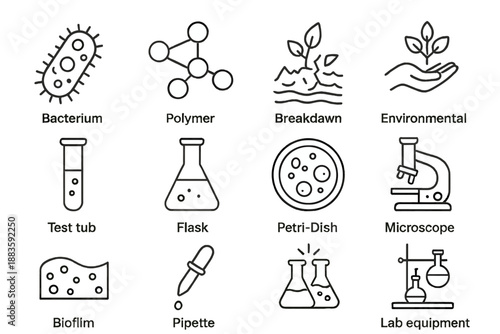 Microbial Technology Icons. Line style icons of Microbial Technology: Bacterium, Polymer Molecule, Breakdown, Environmental