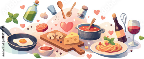 Floating Utensils Romance. Abstract romantic kitchen scene built from floating utensils, ingredients, and heart-shaped highlights,