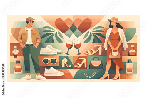 Couple Fashion Patterns. Abstract fashion-focused composition expressing couple style through repeated patterns and mirrored forms