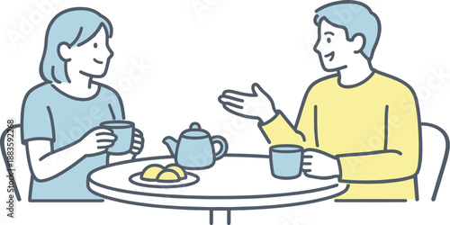 Friends at Cafe. Two friends enjoy conversation at a cafe table, seated comfortably and unhurried, minimalist flat line vector