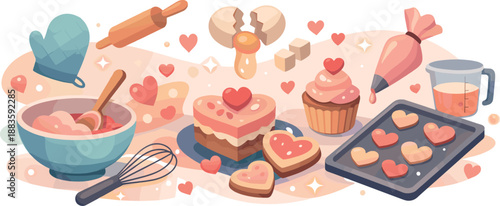 Baking Romance Art. Abstract baking romance scene built from floating kitchen utensils, heart-shaped desserts, and glowing accents