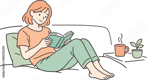 Relaxed Reading Session. A relaxed woman enjoying a quiet reading session while sitting on a sofa, clean flat line illustration