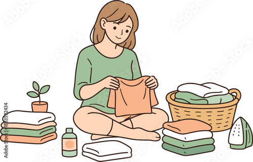 Calm Laundry Day. Woman quietly folding fresh laundry, relaxed posture as she organizes clothes into tidy piles, clean flat line