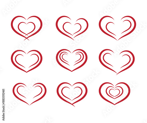 Collection of red heart shapes in various designs , Set of heart logo icon, Abstract heart logo collection