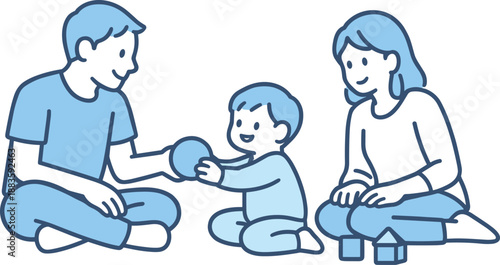 Family Playtime Bliss. Two parents play calmly with their child, sharing a relaxed family moment together, minimalist flat line