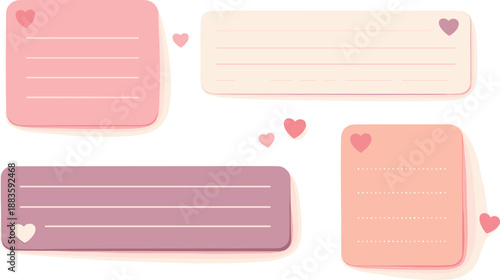 Cute Heart Memo Cards. Rounded memo cards paired with tiny heart accents and playful spacing, modern flat vector illustration