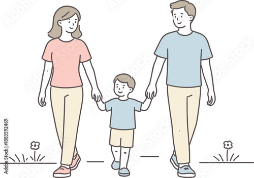 Family Walk Together. Two parents walk together holding hands with their child, moving calmly along a simple everyday path,