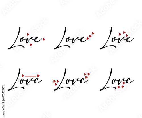 set of wordmark love logo, love calligraphy lettering logo with heart icon, love valentine day logo vector