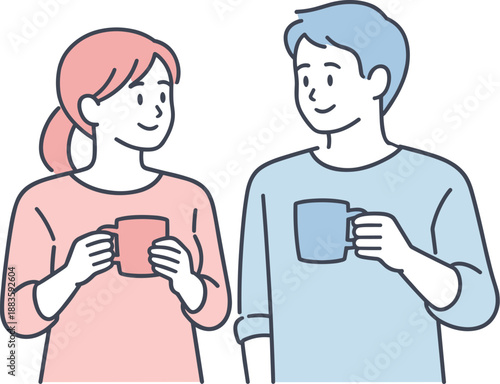 Minimalist Couple Talk. Couple stands side by side holding coffee cups and talking quietly Minimalist flat line vector