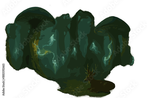 Enchanted Forest Harmony. Ancient forest with towering mushrooms sharing energy with trees, glowing spirits, and deer resting