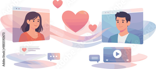 Virtual Romance Scene. Abstract digital romance composition built from floating screens, heart-shaped signals, and gentle light