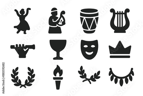 Ancient Festival Icons. Solid style icons of Ancient Festivals: Dancer, Musician, Drum, Lyre, Flute, Cup, Mask, Crown, Laurel,
