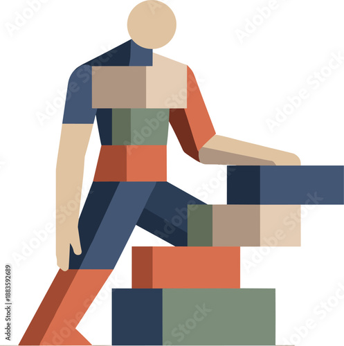 Abstract Geometric Fusion. Abstract geometric human figure partially integrates with aligned blocks becoming simplified structured