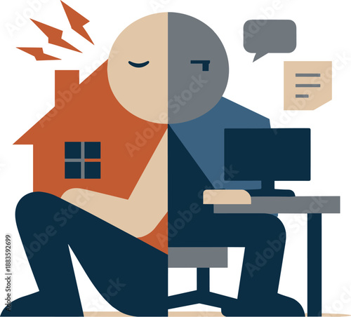 Cognitive Strain Geometry. Single abstract geometric figure is visually divided by overlapping home and work shapes suggesting