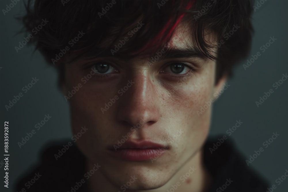 Fototapeta premium Close-up portrait of a young man with striking green eyes and a hint of red in his dark hair