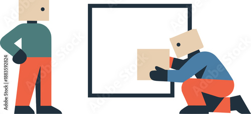 Geometric Interaction Art. Second abstract geometric human figure appears positioning one block within a frame while first