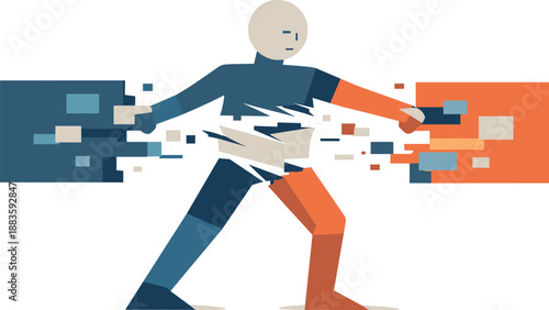 Image Generation. Single abstract geometric human figure pulled apart by competing blocks revealing strain, fragmentation, and