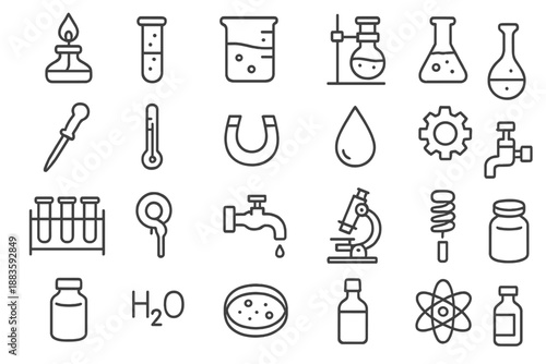 Laboratory Icon Set. Line style icons of laboratory elements: burner, test tube, beaker, retort stand, flask, pipe, thermometer,
