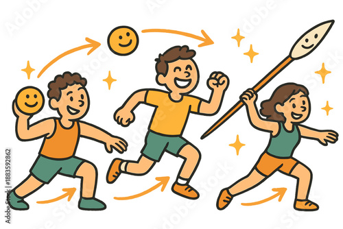 Joyful Projectile Velocity. Cheerful doodle maximizing projectile velocity with happy athletes, cartoon arrows showing speed,