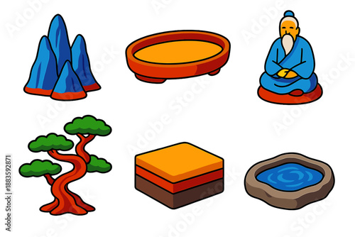 Colorful Penjing Icons. Isometric vector illustration set Chinese Penjing Tradition: miniature landscape rock, shallow tray,
