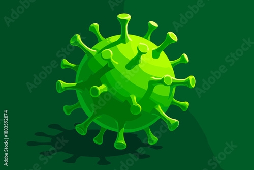 Green Virus Sphere. Bright green spiked virus sphere model, illuminated under sharp light, bold and clean vector illustration