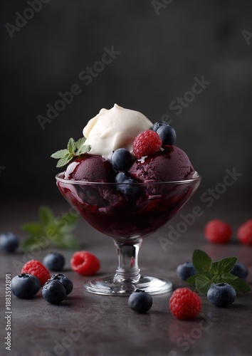Delicious berry sorbet with fresh raspberries and blueberries, topped with cream