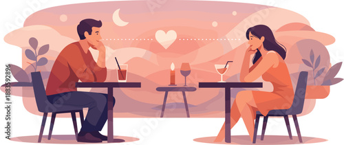 First Date Chemistry. Abstract scene expressing first-date chemistry through distance, eye contact, and subtle motion, modern flat