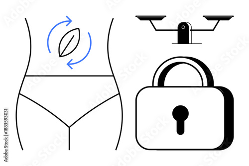 Health, wellness, self-care, physical fitness, nutrition, body security. Set of icons stomach digestion, weight balance and padlock security. Health and wellness concept